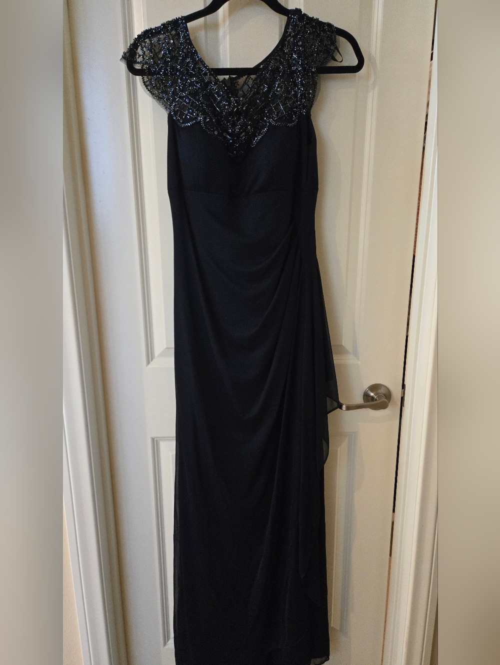 Navy Blue Elegant Black Evening Gown with Beaded Bodice